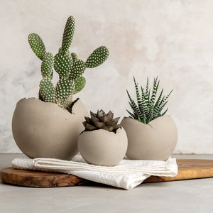 Set med 3 betonggrå rustika handgjorda eklektiska keramiska planteringskärl, unik modern bohemisk heminredning, dekorativa planteringskärl inomhus bild 1