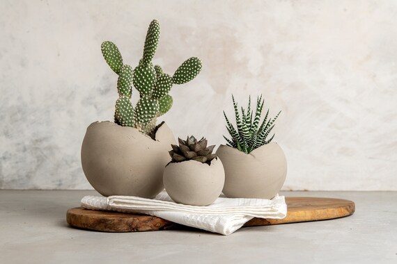Set of 3 Concrete Gray Rustic Handmade Eclectic Ceramic Planter Pot, Unique Modern Bohemian Home Decor, Indoor Decorative Planters Set