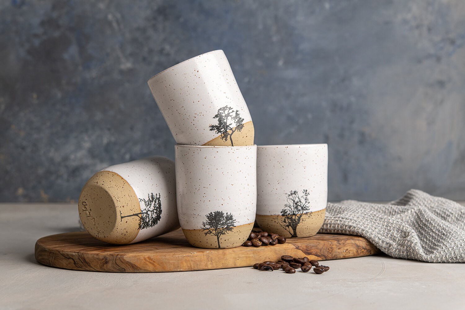 FOUR White Pottery Cold / Hot Drink Cups, Tall Handmade Tumblers, 9 Oz Mugs without Handle, Unique Teacups Set with Tree Graphic