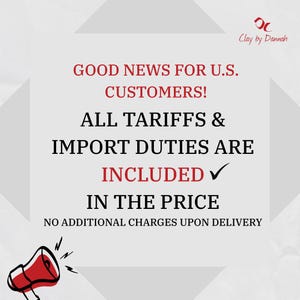 May include: A square graphic with a light gray background featuring the red text GOOD NEWS FOR U.S. CUSTOMERS! ALL TARIFFS & IMPORT DUTIES ARE INCLUDED IN THE PRICE. A black checkmark follows the text. A red megaphone icon is in the bottom left corner.