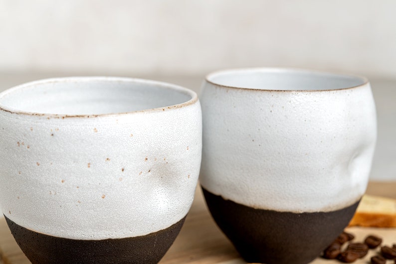 Set of 2 Asymmetric Black and White Ceramic Cups, Pottery 8.5 Oz Handmade Modern Tea Cups, Black White Tumblers image 4