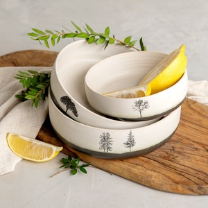 Set of 3 White Pottery Serving Bowls, Handmade Ceramic Decorative Bowls, Wedding Gift, Pottery Dinnerware Sets, Black & White Serving Bowl image 2