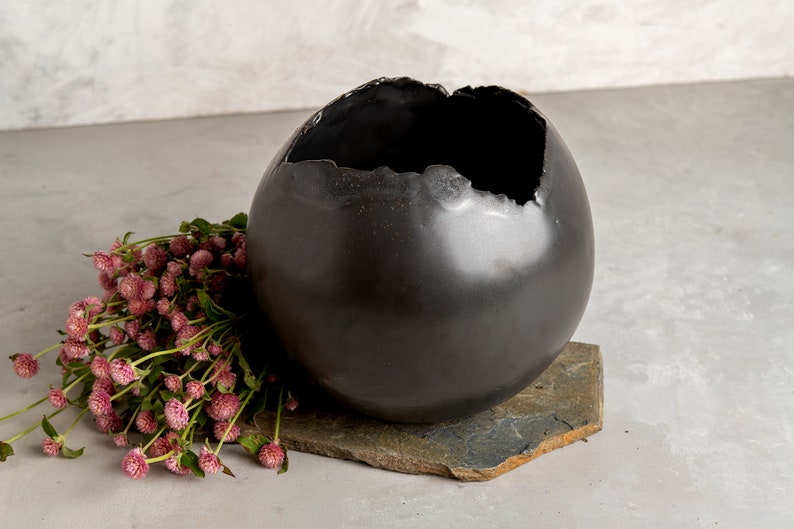 XXL Black Pottery Wide Round Ball-Shaped Planter Pot, Contemporary Large Decorative Planter, Handmade Ceramic Planter, Christmas Gift image 3