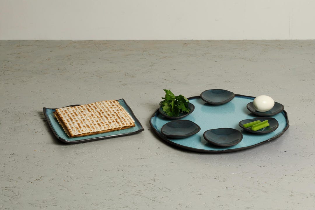 Blue Turquoise Pottery Seder and Matching Matzah Plate SET, Ceramic ...