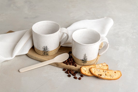 TWO White Rustic Ceramic Mugs Set, Pottery Handmade Modern Coffee Mugs With  Wide Handle, Fir Pine Tree Large Tea Mug, Christmas Gift Mother 