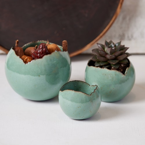 Set of 3 Turquoise Handmade Eclectic Ceramic Planters, Unique Bohemian Home Decor, Indoor Decorative Planters Set
