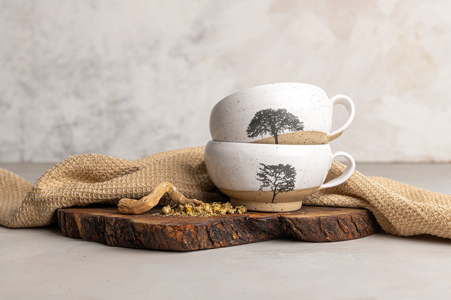 2 Handmade Ceramic White Mugs, 10 Oz Pottery Coffee Mugs With Tree Print,  Gift for Mom 
