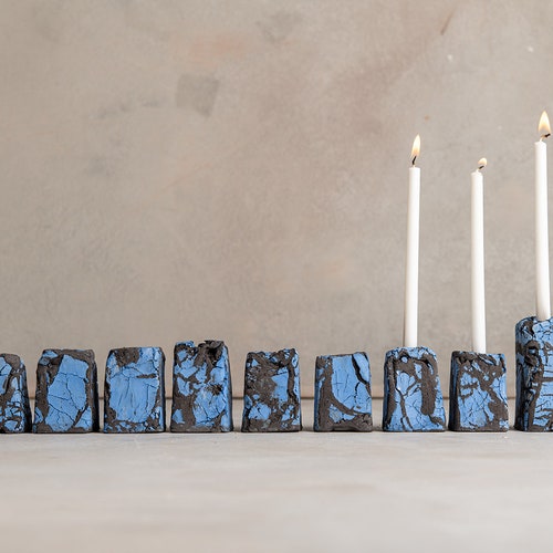 Handmade Modular Pottery Blue and Black Jewish Hanukkiah, Modern Textured Hanukkah Menorah, Jewish shops Wedding Gift, Made in Israel