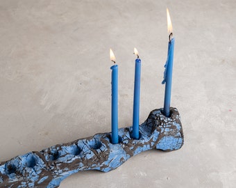 Blue & Black Handmade Ceramic Textured Hanukkiah, Jewish Menorah made in Israel, Unique Jewish Gift, Ceramic Judaica Decor and Gifts