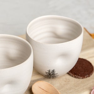 Set of 4 White Ceramic Mugs with Tree Decals without Handles, Ceramic Modern Teacups, Small White Tumblers image 7