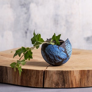 Puede incluir: Un macetero de cerámica azul y negro con un esmalte craquelado, con una planta de hiedra verde. El macetero está sentado sobre una rodaja de madera.