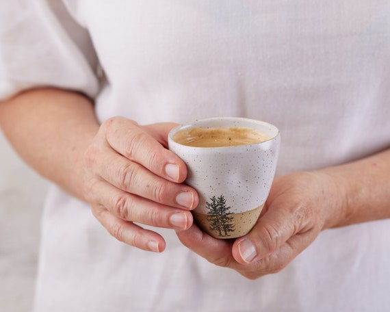 2 Ceramic White Espresso Cups With Tree Ornaments, Set of TWO Handmade  Pottery Espresso Tumblers, Rustic 5 Oz Long Espresso Cups Set 