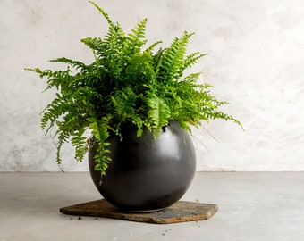 XXL Black Pottery Wide Round Ball-Shaped Planter Pot, Contemporary Large Decorative Planter, Handmade Ceramic Planter, Christmas Gift