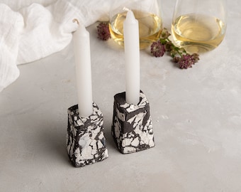 Rustic Black & White Ceramic Candle Holders Set, Jewish Wedding Gift, Sabbath Candle Holders