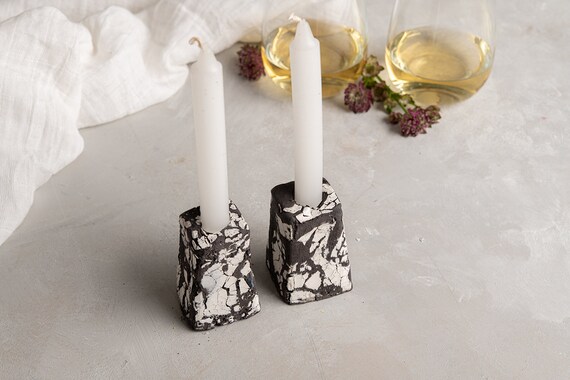 Rustic Black White Ceramic Candle Holders Set Jewish Wedding