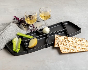 Black Ceramic Handmade Modern Seder Plate, Unique Alternative Large Rectangle Pottery Passover Plate, Puzzle Serving Set, Judaica Gift