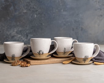 FOUR Pottery Espresso Cups with Handle, 4 Handmade Modern White and Beige Ceramic Coffee Cups, Teacups Set, Mother Gift