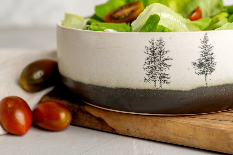 Large White Pottery Salad Serving Bowl, Handmade Ceramic Decorative Bowl, Black and White Serving Dish, Dinner Serving Dish with Tree Decor image 5