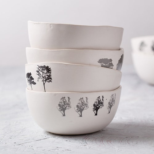 Blue & Black Ceramic Serving Bowl Round Pasta Bowl With Tree Etsy