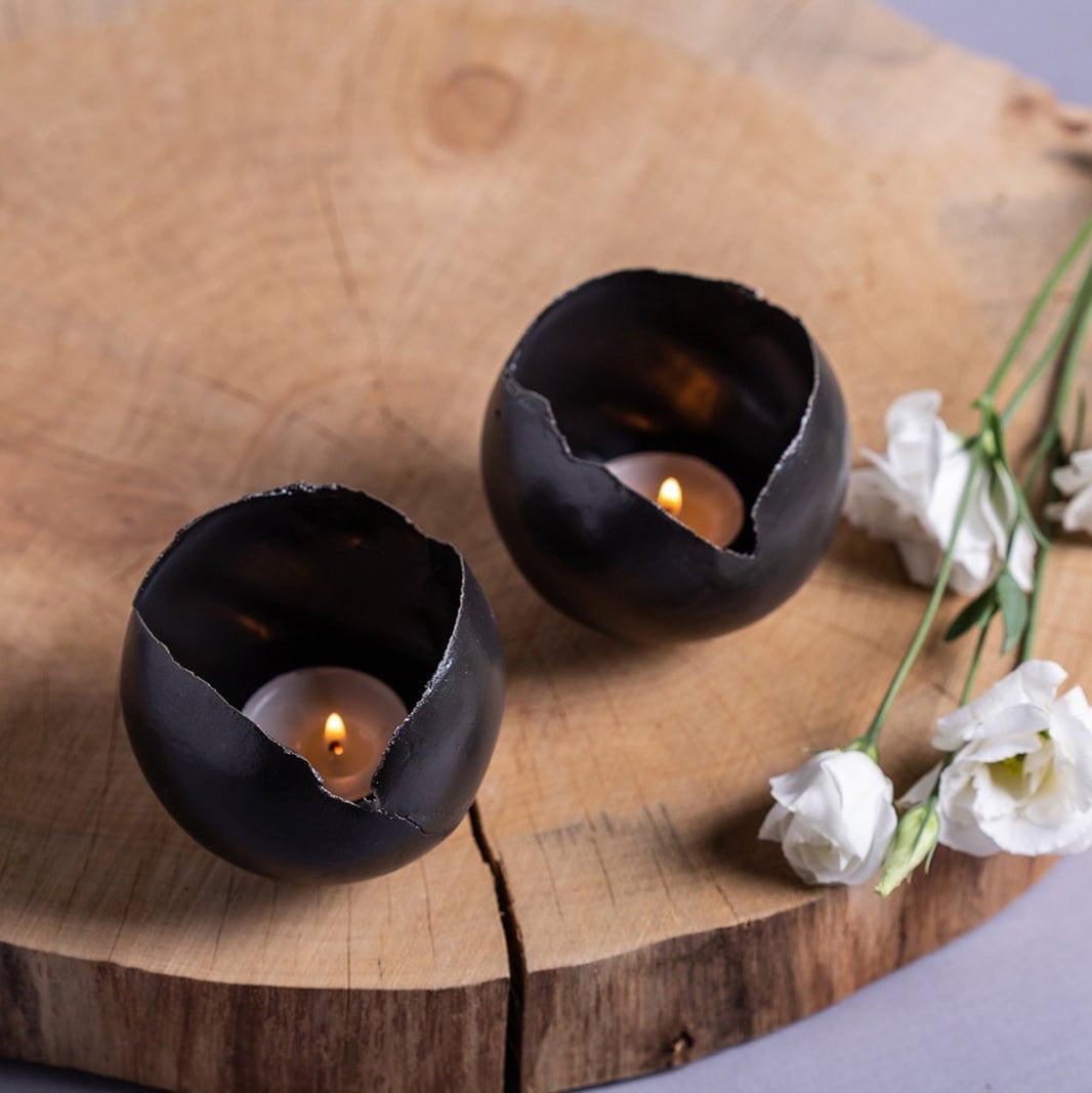 Set of 2 Black Ceramic Candle Holders Round Eggshaped Etsy