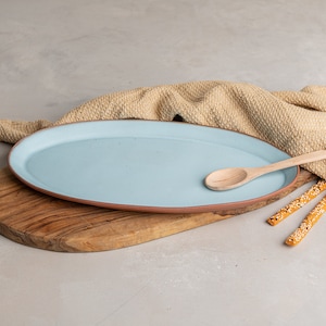 Large Oval Handmade Platter, 13.5&quot; Long Serving Tray, Pottery Cheese Serving Plate, Light Blue Rustic Oval Serving Dish, Ceramic Oval Plate