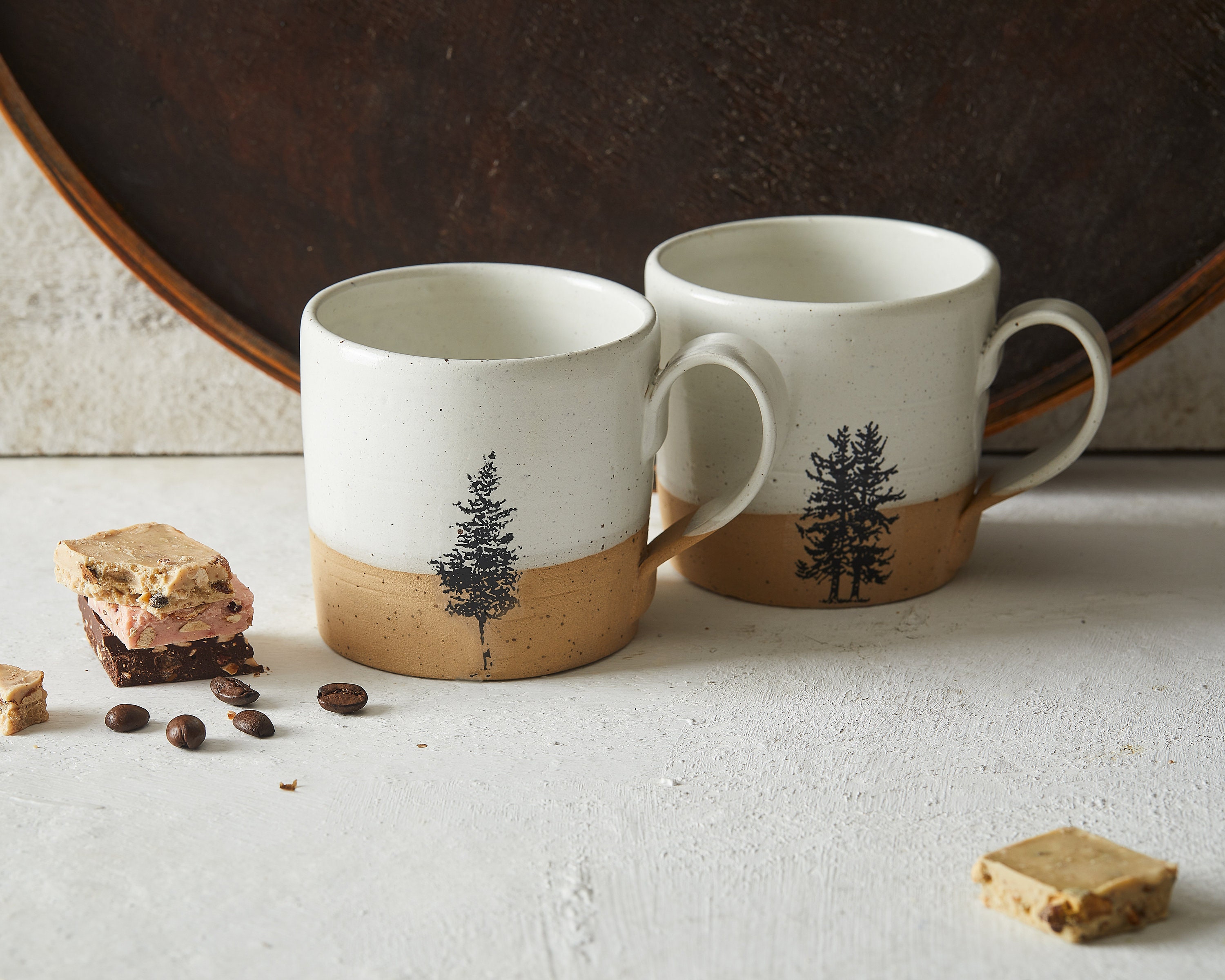 Ensemble de 2 Tasses en Céramique Blanche, Poterie Tasses à Café Faites La Main avec Poignée, Grande