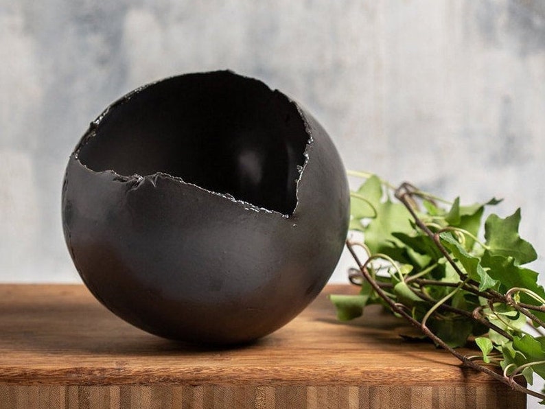 Large Black Planter With Drainage Hole and Saucer Egg Shape Vase image 3