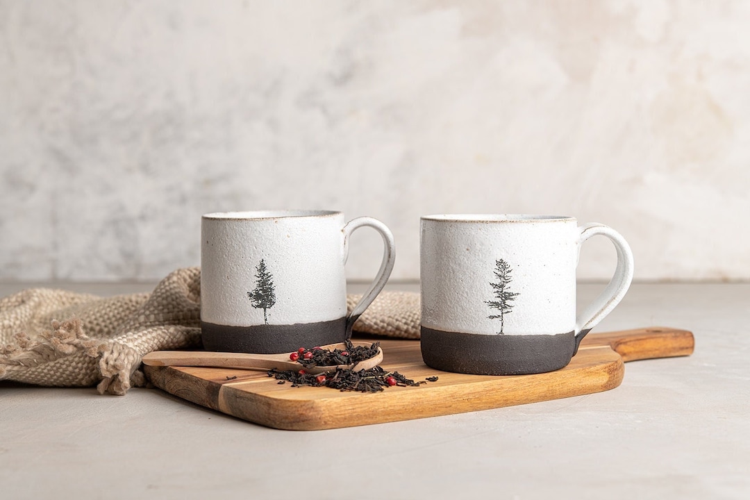 White and Black Set of TWO Mugs With Tree Decals, Handmade Oz