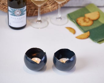 Set of 2 Black Ceramic Candle Holders | Round Egg-shaped Ceramic Bowls