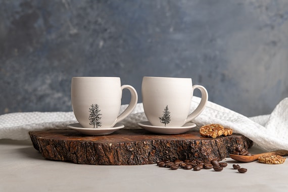 2 Espresso Cups With Handle, Set of 2 White Ceramic Cups With Tree Decals,  Pottery Modern Espresso Cups, Teacups / Small Coffee Mugs 