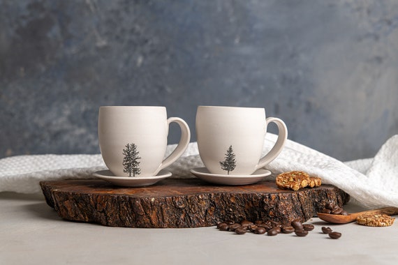 2 Espresso Cups With Handle, Set of 2 White Ceramic Cups With Tree