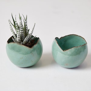 Set of 2 Small Turquoise Ceramic Planter Pot, Bathroom Decor, Mini Succulent Planter