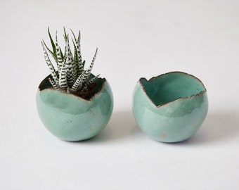 Set of 2 Small Turquoise Ceramic Planter Pot, Bathroom Decor, Mini Succulent Planter
