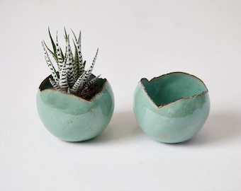 Set of 2 Small Turquoise Ceramic Planter Pot, Bathroom Decor, Mini Succulent Planter