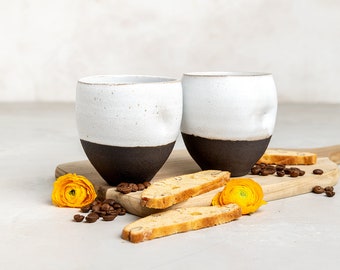 Set of 2 Asymmetric Black and White Ceramic Cups, Pottery 8.5 Oz Handmade Modern Tea Cups, Black White Tumblers