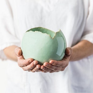 Large Mint Green Ceramic Planter with Drainage Hole and Saucer  | Round Egg Shape Vase