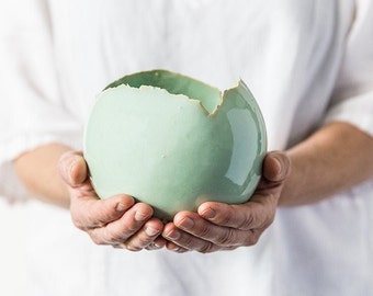 Large Green Ceramic Planter with Drainage Hole and Saucer  | Round Egg Shape Vase