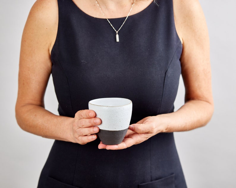 Set of 2 Asymmetric Black and White Ceramic Cups, Pottery 8.5 Oz Handmade Modern Tea Cups, Black White Tumblers image 6