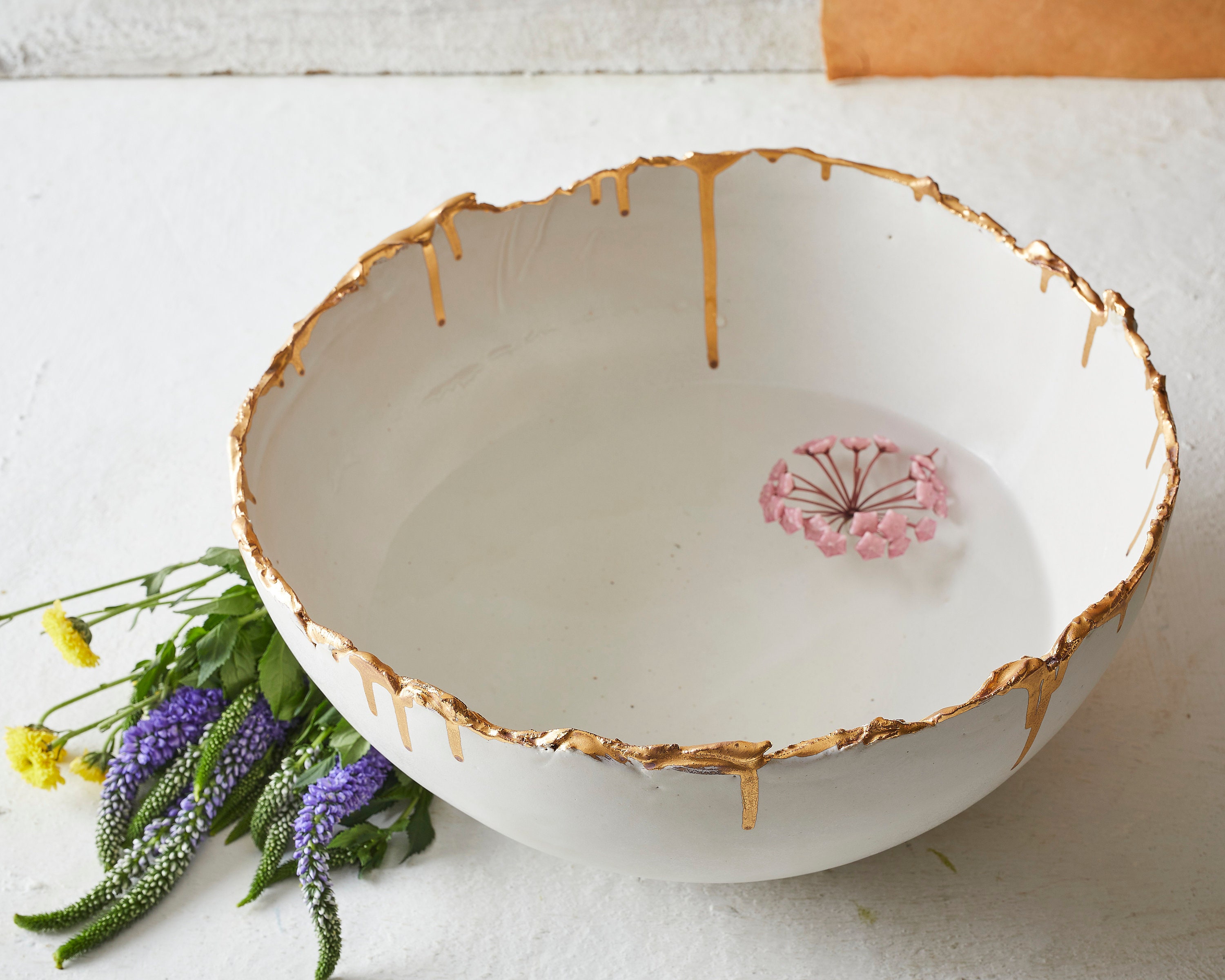 Large White Ceramic Bowl With Real Gold Rim Decorative Deep Etsy UK
