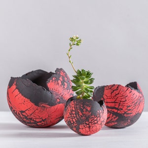 Set of 3 Red And Black Ceramic Planters, Modern Egg Shape Bowl