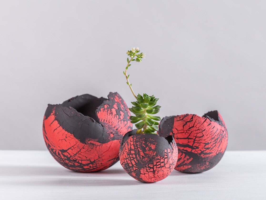 Ensemble de 3 Jardinières en Céramique Rouge et Noire, Bol Moderne Forme d'œuf