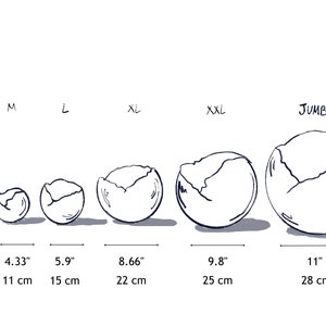 May include: A line of six broken egg-shaped planters in different sizes, labeled S, M, L, XL, XXL, and JUMBO. The planters are shown with measurements in inches and centimeters.
