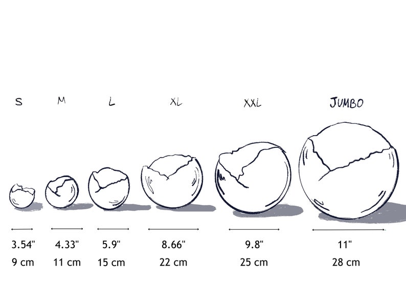 May include: A line of six broken egg-shaped planters in different sizes, labeled S, M, L, XL, XXL, and JUMBO. The planters are shown with measurements in inches and centimeters.