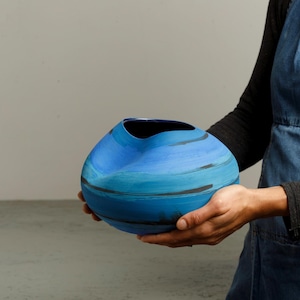 Blue Sculptural Ceramic Vase, Modern Abstract Striped Flower Vase, Handmade Unique Round Pottery Blue Decor, Bohemian Home Accent