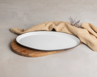 13.5" Large White Oval Bread Serving Tray, Pottery Cake Oval Serving Dish, Ceramic Dinner Serving Plate, Wedding Gift