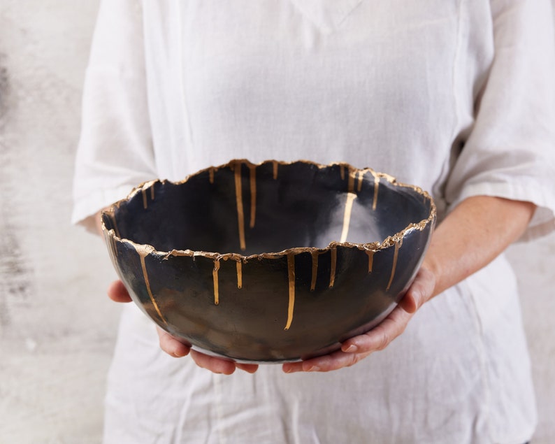 Large White Ceramic Bowl with Real Gold Rim, Decorative Deep Bowl, Entryway Bowl with Gold Drips Decoration, Large Serving Bowl image 5