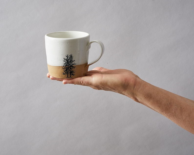 2 Handmade Ceramic White Mugs, 12 oz Pottery Coffee Mugs with Tree Print, Gift for Mom image 1
