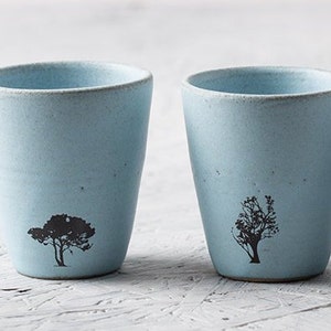 Set of 2 Sky Blue Ceramic Tumblers, Pottery Coffee Mugs with Tree Decals Or Without, Ceramic High Tumblers