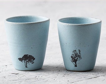 Set of 2 Sky Blue Ceramic Tumblers, Pottery Coffee Mugs with Tree Decals Or Without, Ceramic High Tumblers