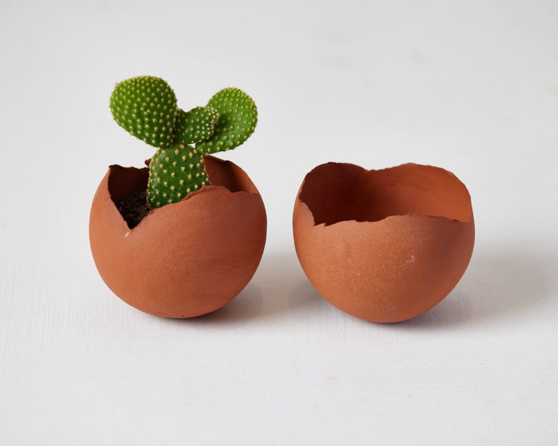 Set of TWO 2 Medium Terracotta Red-Brown Ceramic Egg-Shaped Planter Pot image 2